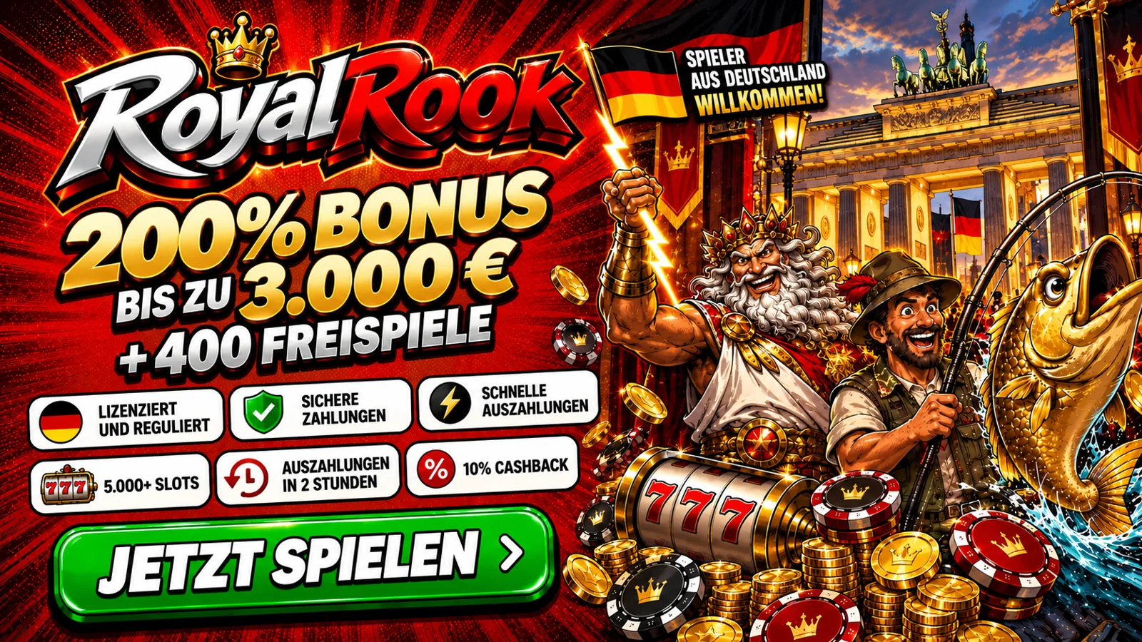 RoyalRook Bonus: 200 % bis zu 3.000 € und 400 Freispiele